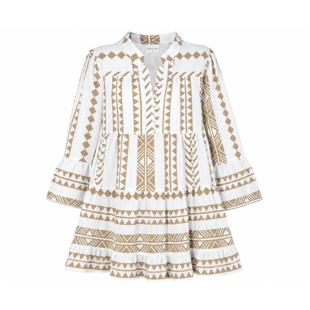 Silk & Salt Geometric Tiered Tunic Dress Small White Tan Boho Ruffle Cottagecore